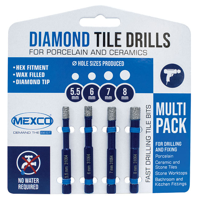 5.5mm, 6mm, 7mm & 8mm Porcelain Tile Drill Bit Pack TDXCEL